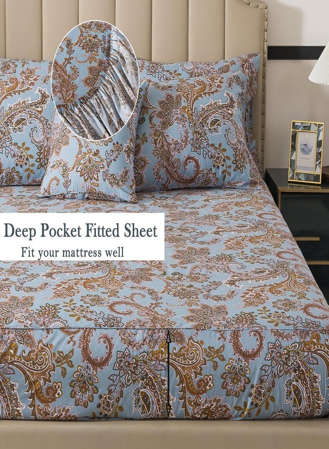 فادفاي طقم ملاءات سرير كينج من فادفاي، بنقشة بيزلي زرقاء عتيقة، 4 قطع، مصنوع من القطن الخالص 100%، ملاءة سرير ناعمة وجيدة التهوية بجيب عميق، تصميم كلاسيكي أنيق لجميع الفصول - Image 4