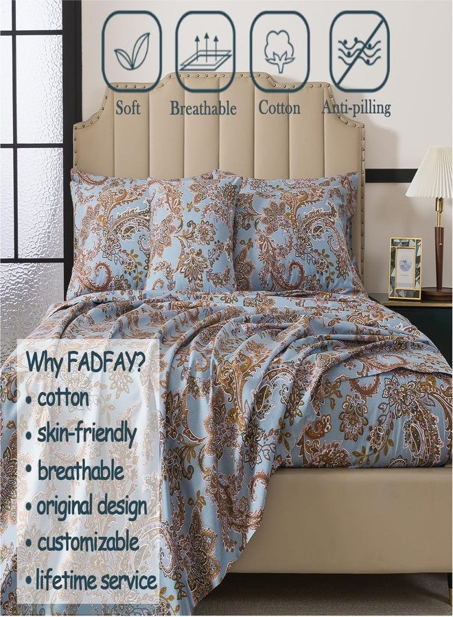 فادفاي طقم ملاءات سرير كينج من فادفاي، بنقشة بيزلي زرقاء عتيقة، 4 قطع، مصنوع من القطن الخالص 100%، ملاءة سرير ناعمة وجيدة التهوية بجيب عميق، تصميم كلاسيكي أنيق لجميع الفصول - Image 3