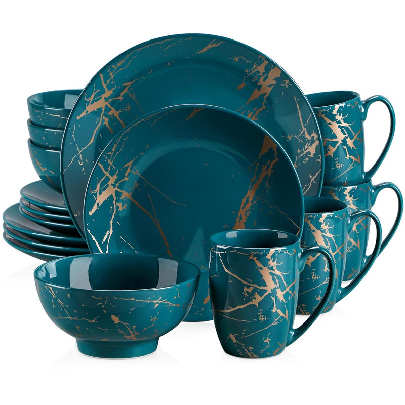LOVECASA طقم أدوات المائدة من LOVECASA من البورسلين لـ 4 أشخاص 16 قطعة أطباق وأوعية بلون زجاجي مع صحن ذهبي طقم عشاء مع أطباق عشاء وأطباق حلوى وأوعية وأكواب باللون الأخضر الداكن