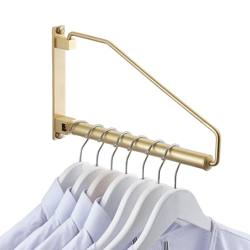 NEWRAIN Folding Wall Mounted Clothes Hanger Rack Clothes Hook Solid Brass with Swing Arm Holder Clothing Hanging System Closet Storage Organizer Heavy Duty Drying Rack Wall Mount,Brushed Gold - Image 1