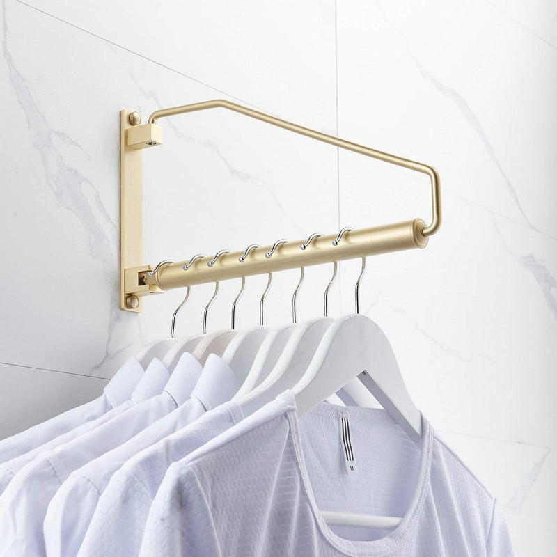 NEWRAIN Folding Wall Mounted Clothes Hanger Rack Clothes Hook Solid Brass with Swing Arm Holder Clothing Hanging System Closet Storage Organizer Heavy Duty Drying Rack Wall Mount,Brushed Gold - Image 2