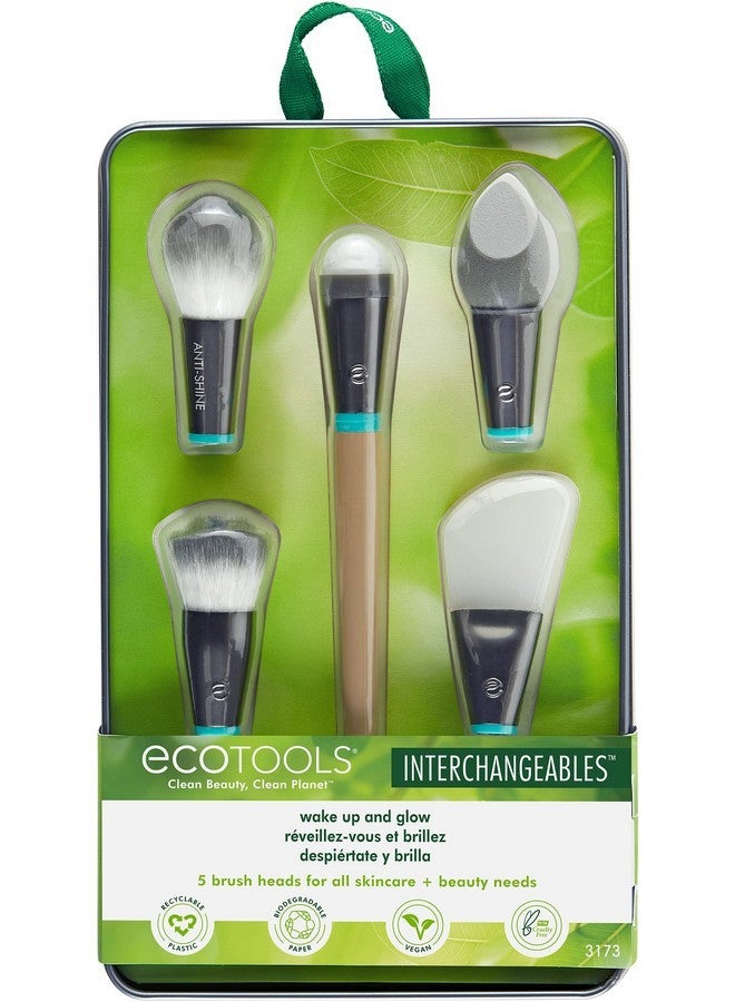 Ecotools Wake Up + Glow Interchangeables Makeup Brush Set With Case, With Beauty Blender Makeup Sponge, Silicone Applicator Face Mask Brush, Eye Roller Depuffer (Set Of 6) - Image 1