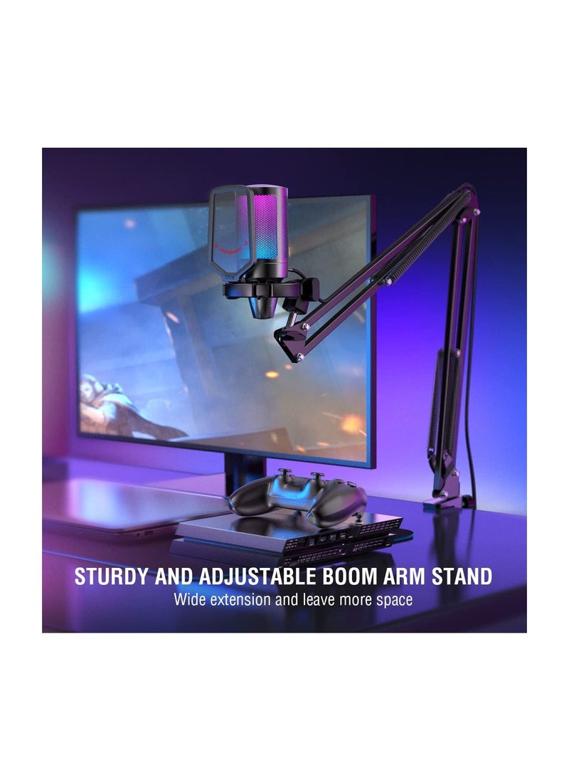 USB Gaming Microphone Kit, RGB Condenser Microphones Set for PC PS4 PS5 with Mute Button, PopFilter, Microphone Arm, Shock Mount for Streaming Podcast YouTube Videos - A6T