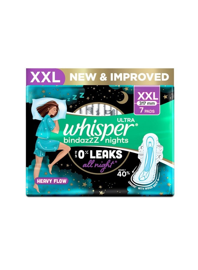 WHISPER BINDAZZZ NIGHTS SANITARY PADS, 7 XL+ PADS, UPTO 0% LEAKS ALL NIGHT LONG, FOR HEAVY FLOW, 40% LONGER & WIDER BACK, COMFORTABLE CUSHIONY SOFT WINGS, DISPOSABLE WRAPPER - Image 1