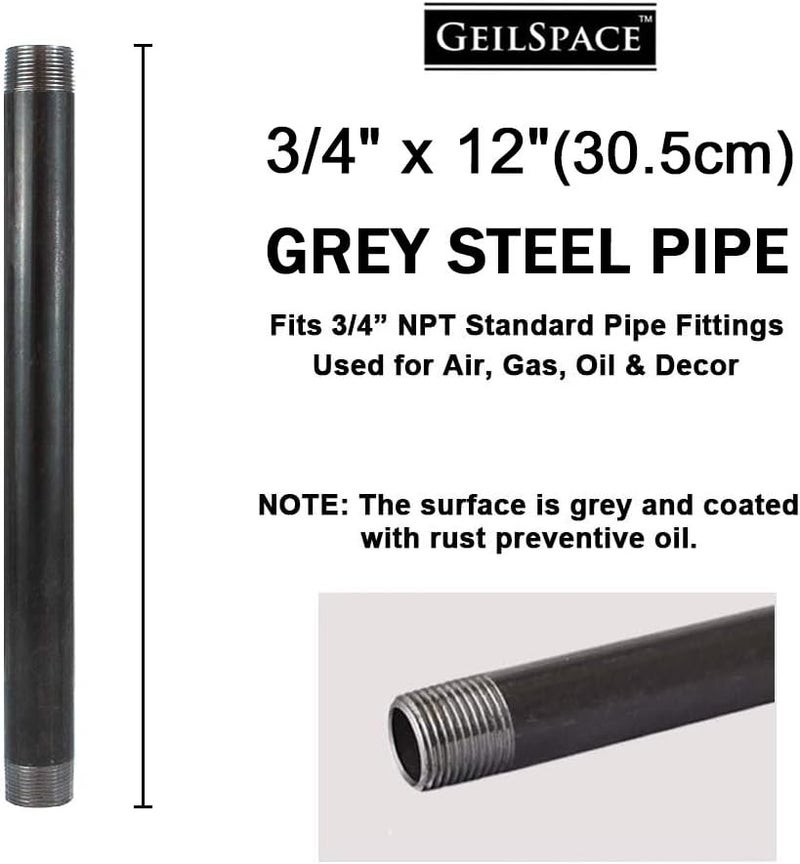 GeilSpace 3/4" × 12" Heavy Duty Pre-Cut Grey Metal Pipe, Industrial Steel Fits Standard 3/4 Inch Threaded Pipes and Fittings - Vintage DIY Industrial Shelving (3/4" × 12", Grey) - Image 2