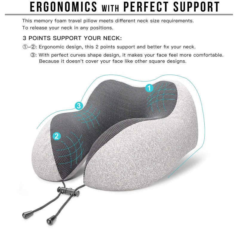 MLVOC Travel Pillow 100% Pure Memory Foam Neck Pillow, Comfortable & Breathable Cover, Machine Washable, Airplane Travel Kit with 3D Sleep Mask, Earplugs, and Luxury Bag,Standard (Grey) - Image 2