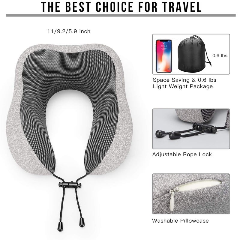 MLVOC Travel Pillow 100% Pure Memory Foam Neck Pillow, Comfortable & Breathable Cover, Machine Washable, Airplane Travel Kit with 3D Sleep Mask, Earplugs, and Luxury Bag,Standard (Grey) - Image 5