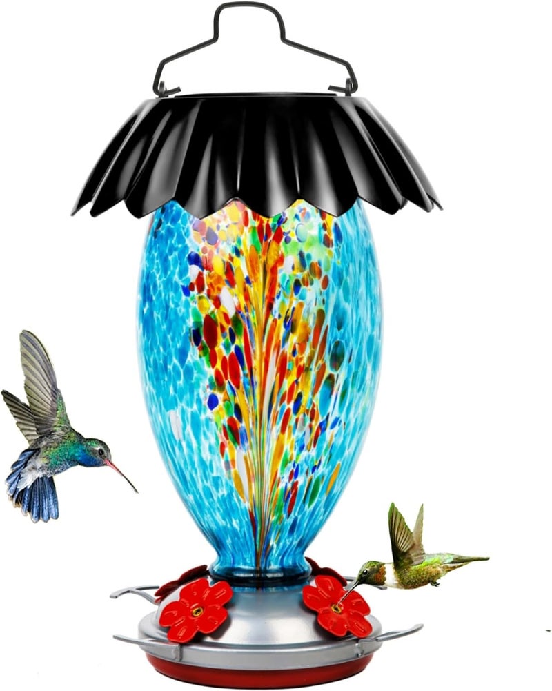 REZIPO Solar Hummingbird Feeder for Outdoors Hanging Colorful Lighting 32 Oz Hand Blown Glass Hummingbird Feeder for Garden Decoration with Accessories (Color) - Image 1