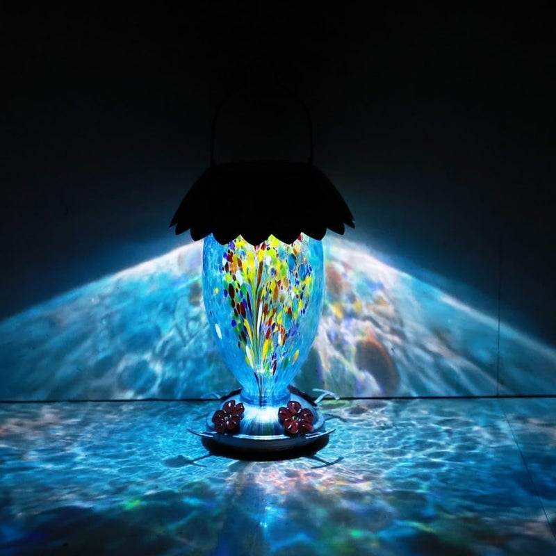 REZIPO Solar Hummingbird Feeder for Outdoors Hanging Colorful Lighting 32 Oz Hand Blown Glass Hummingbird Feeder for Garden Decoration with Accessories (Color) - Image 3