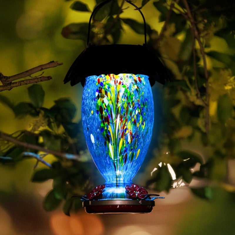 REZIPO Solar Hummingbird Feeder for Outdoors Hanging Colorful Lighting 32 Oz Hand Blown Glass Hummingbird Feeder for Garden Decoration with Accessories (Color) - Image 4