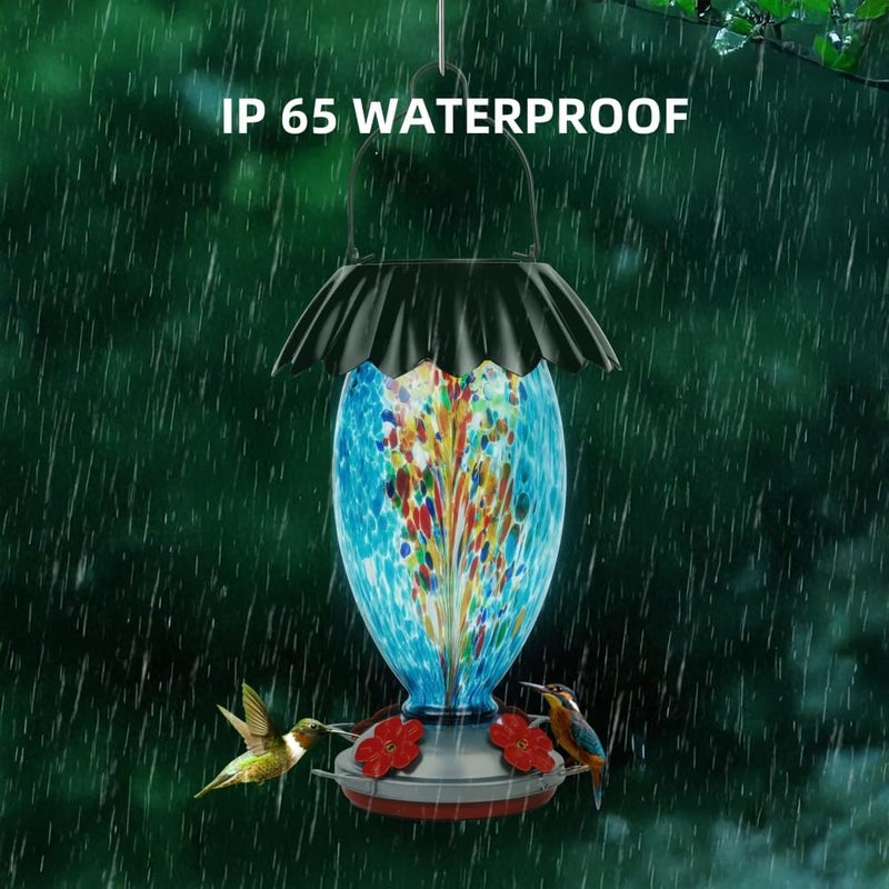 REZIPO Solar Hummingbird Feeder for Outdoors Hanging Colorful Lighting 32 Oz Hand Blown Glass Hummingbird Feeder for Garden Decoration with Accessories (Color) - Image 5