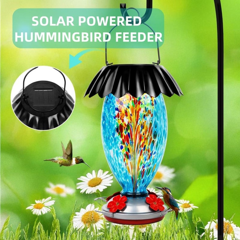 REZIPO Solar Hummingbird Feeder for Outdoors Hanging Colorful Lighting 32 Oz Hand Blown Glass Hummingbird Feeder for Garden Decoration with Accessories (Color) - Image 2