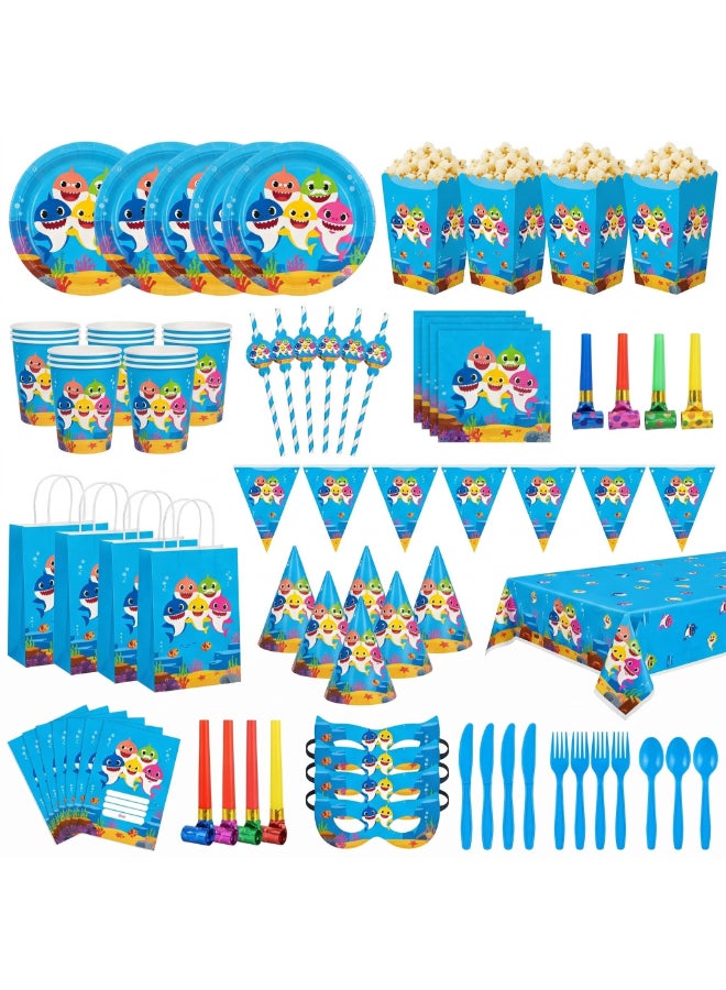 Kidzilla 120 PCS Baby Shark Birthday Party Supplies Kit for Kids – Ocean Theme Party Decorations Set with Plates, Cups, Napkins, Banner, Tablecloth, Hats, Masks, Loot Bags & Party Favors - Image 1
