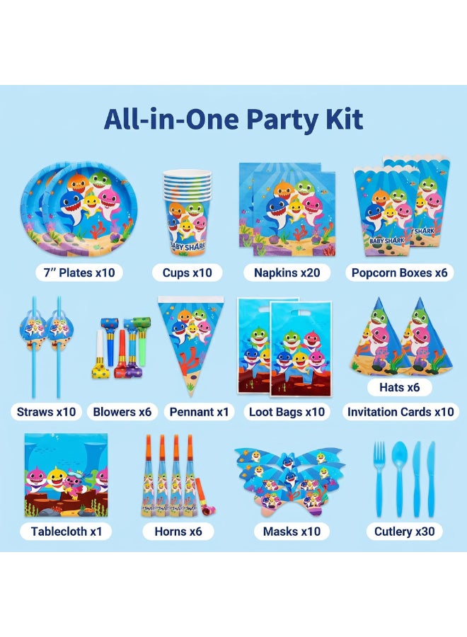 Kidzilla 120 PCS Baby Shark Birthday Party Supplies Kit for Kids – Ocean Theme Party Decorations Set with Plates, Cups, Napkins, Banner, Tablecloth, Hats, Masks, Loot Bags & Party Favors - Image 2
