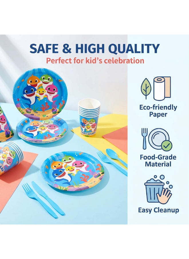 Kidzilla 120 PCS Baby Shark Birthday Party Supplies Kit for Kids – Ocean Theme Party Decorations Set with Plates, Cups, Napkins, Banner, Tablecloth, Hats, Masks, Loot Bags & Party Favors - Image 3