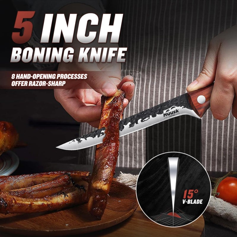 Huusk Boning Knife for Meat Cutting Deboning Butchering,Japanese Fillet Knives with Sheath,Brisket Trimming Knife,Full Tang Hand Forged Camping BBQ 5 Inch Gift for Dad - Image 2
