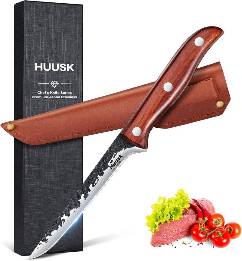 Huusk Boning Knife for Meat Cutting Deboning Butchering,Japanese Fillet Knives with Sheath,Brisket Trimming Knife,Full Tang Hand Forged Camping BBQ 5 Inch Gift for Dad - Image 1