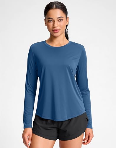 SANTINY Lightweight Long Sleeve Workout Tops for Women Breathable Yoga Gym Athletic Running Hiking Top UPF 50 Sun Shirts Grey Blue_M - Image 3