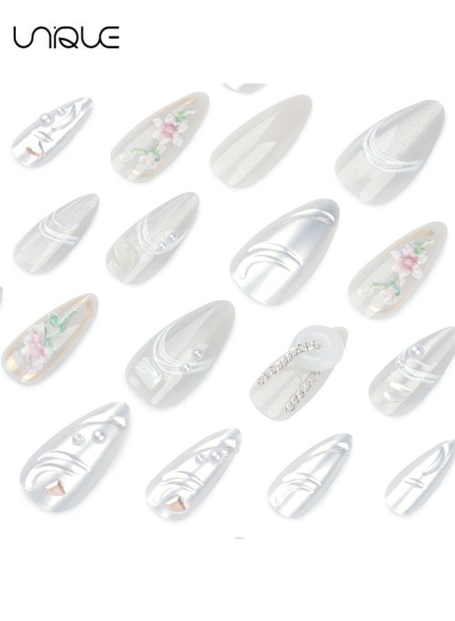 يونيك 24 قطعة أظافر مزيفة ، أظافر الصحافة ، مانيكير اللوز الطويل - مانيكير لؤلؤي لامع - 3D زهرة بنوم بنه مانيكير - رقعة أظافر مزيفة - Image 3