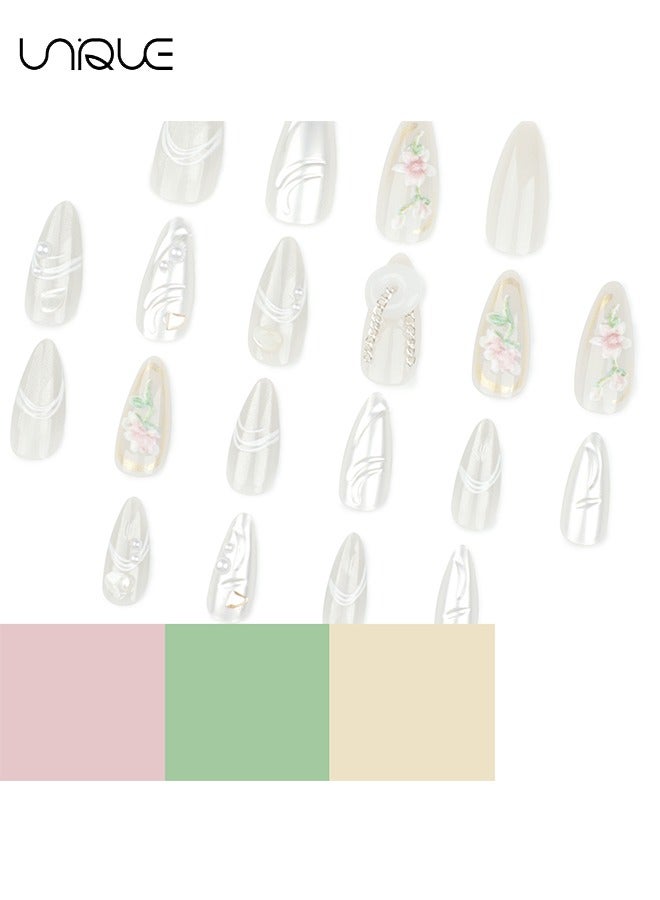يونيك 24 قطعة أظافر مزيفة ، أظافر الصحافة ، مانيكير اللوز الطويل - مانيكير لؤلؤي لامع - 3D زهرة بنوم بنه مانيكير - رقعة أظافر مزيفة - Image 2