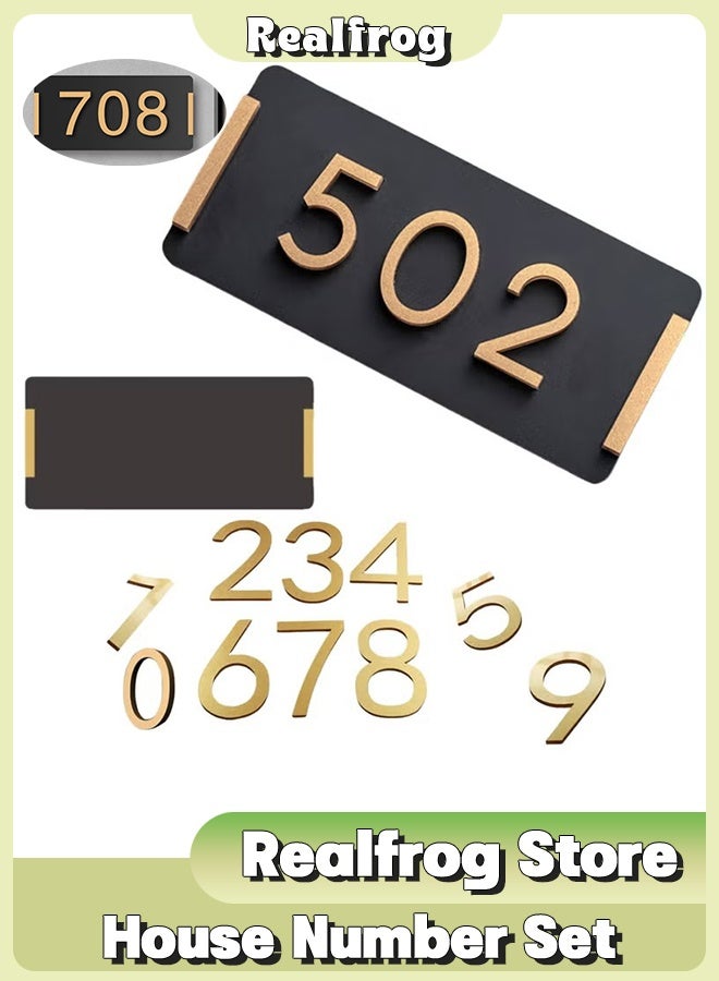 الضفدع الحقيقي مجموعة لوحات عناوين المنازل وأرقام المنازل، لافتة عنوان شخصية بقاعدة أكريليك سوداء مقاس 24×11 سم و10 أرقام ذهبية (0-9) للشقق والمنازل والفنادق والمكاتب وصناديق البريد وشاشات العرض على الحائط - Image 1