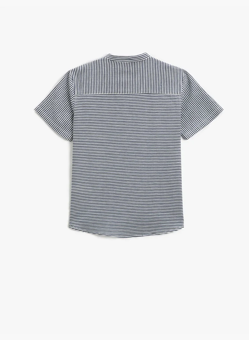 KOTON Mandarin Collar T-Shirt Short Sleeve Button Detail Single Pocket Striped Cotton
