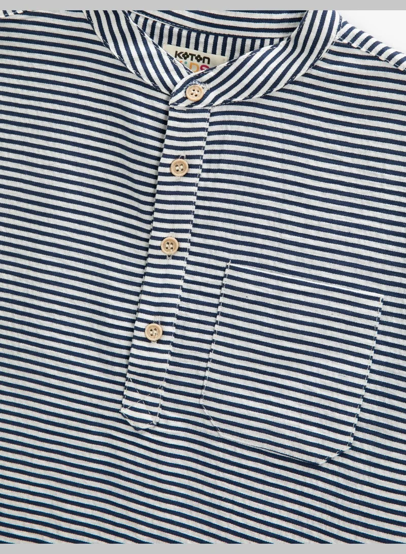 KOTON Mandarin Collar T-Shirt Short Sleeve Button Detail Single Pocket Striped Cotton