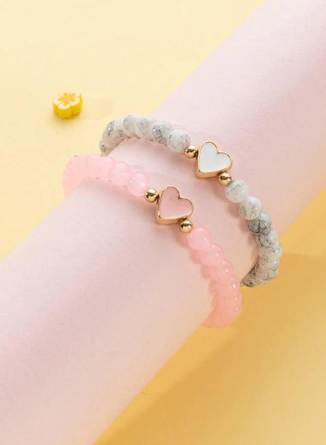 Pack of 2 - Girls Multi-Color Heart Charm Beaded bracelets