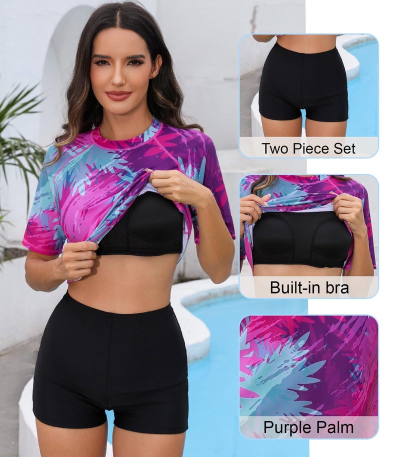Halcurt Womens 2 PC Rash Guard with Built in Bra Swim Shirt and Shorts Palm M - Image 5
