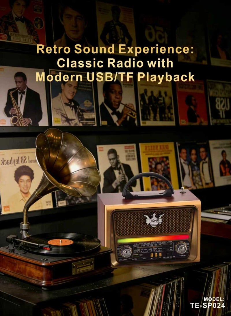 تيفونر راديو قديم TE-SP024. راديو صغير كهربائي FM/AM  محمول. راديو كهربائي بمنفذ فلاش و بطاقة ذاكرة. مكبر صوت بلوتوث بصوت قوي 5 واط.  بتصميم كلاسيكي. مضخم صوت ببطارية تدوم طول اليوم. سماعه سبيكر بتصال لا سلكي حتى ١٠ متر.راديو لاسلكي بازرار تحكم متعددة. مكبر صوت لاسلكي. - Image 2