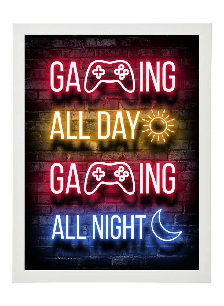 RKN Gaming All Day Gaming All Night Neon Wall Art Poster Frame 30 x 40 cm - Image 1