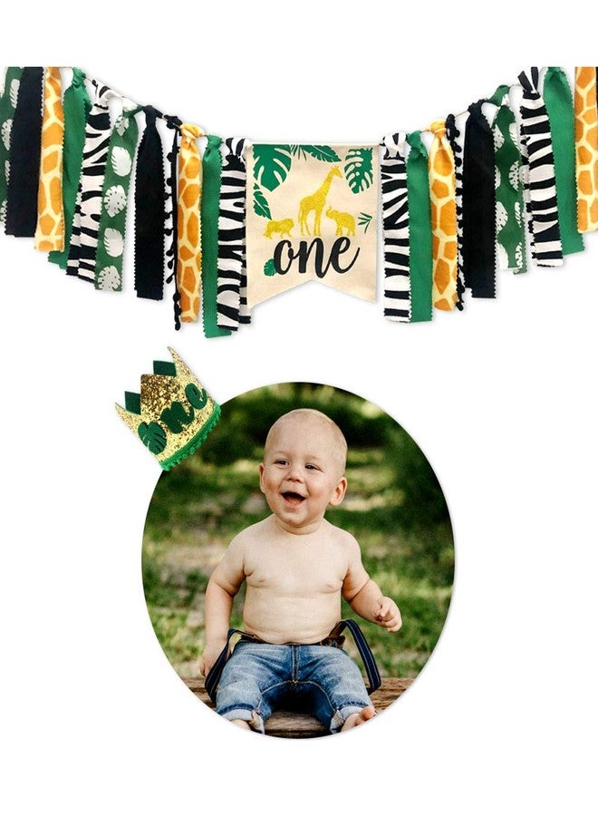 Pink Forest Wild One Baby 1st Birthday Decorations - High Chair Banner, Boy's First Birthday Crown, Glitter Cake Topper for Jungle Animal Theme - Image 2