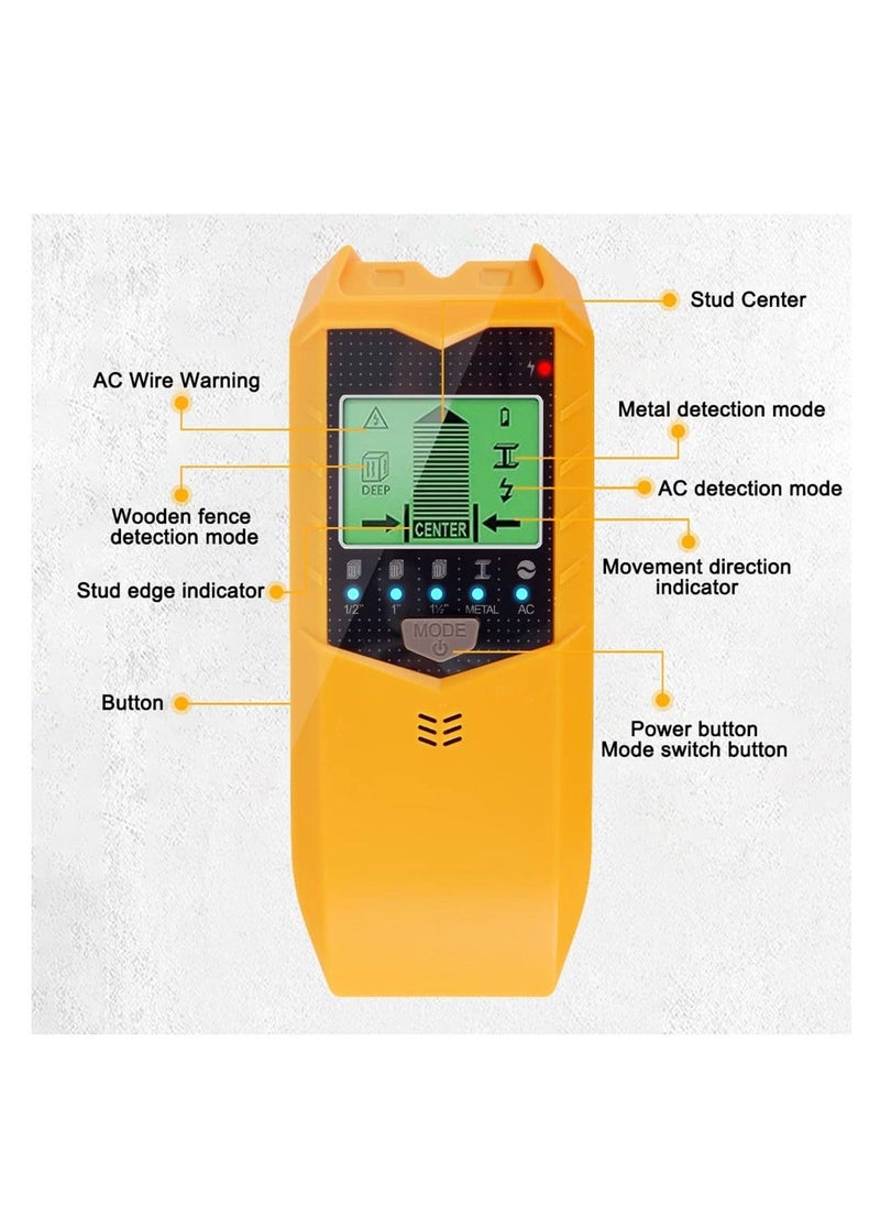 Stud Finder Sensor, 5 in 1 Battery Operated SH402 Wall Scanner Detector, Portable Electronic Detector with LED Display and Audio Alarm Handheld Stud Detector, for Wood AC Wire Metal (Yellow)