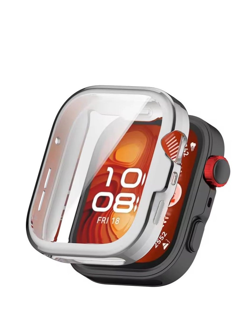 حافظة متوافقة مع ساعة هواوي واتش فيت 4، حافظة TPU رفيعة بتغطية كاملة مع واقي شاشة مدمج من الزجاج المقوى لساعة هواوي واتش فيت 4 (فضي)