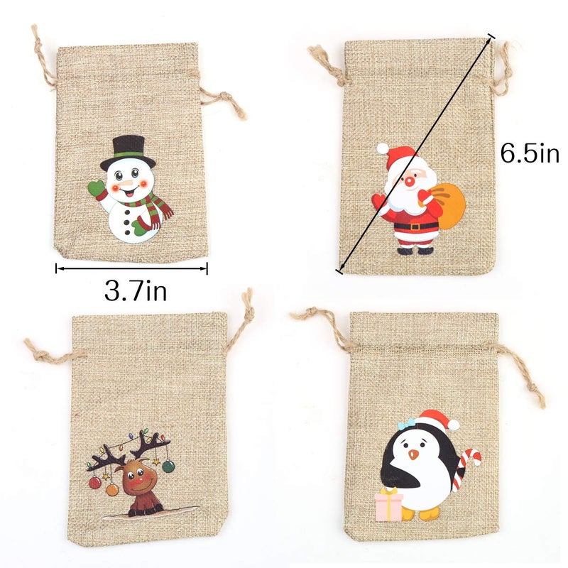 CCINEE 36pc Christmas Linen Bags with Drawstrings Christmas Burlap Goody Gift Bags with Double Jute Drawstrings, 4 designs Snowman, Santa Claus, Penguin and Reindeer - Image 2