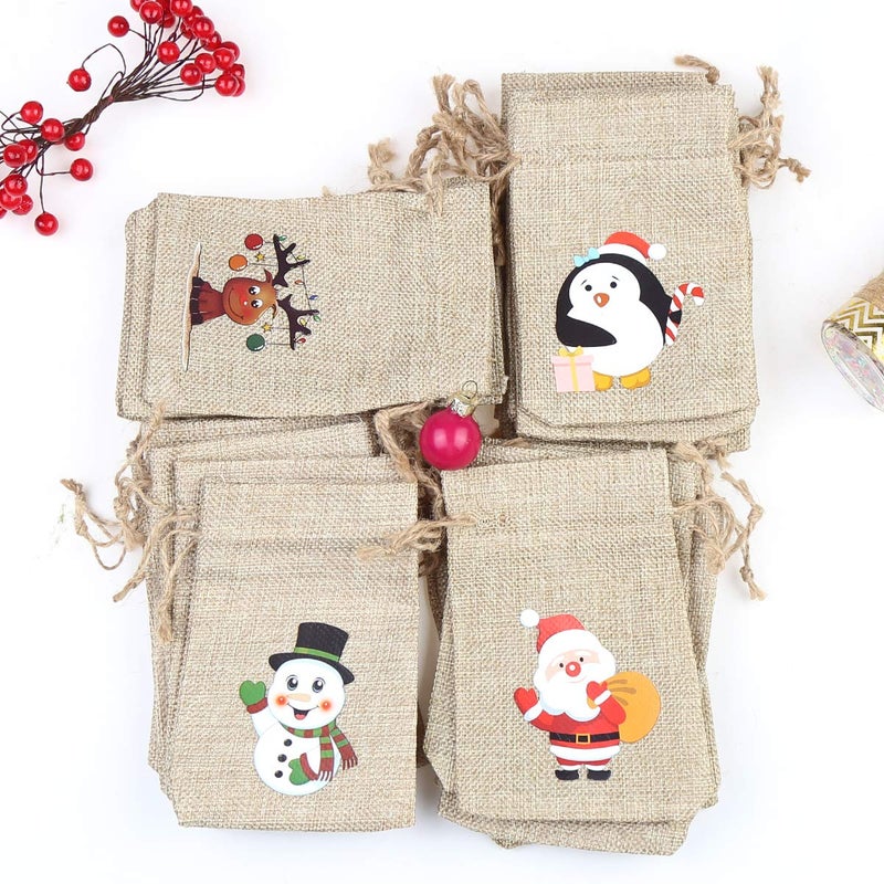 CCINEE 36pc Christmas Linen Bags with Drawstrings Christmas Burlap Goody Gift Bags with Double Jute Drawstrings, 4 designs Snowman, Santa Claus, Penguin and Reindeer - Image 4