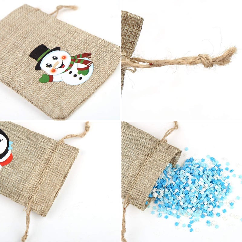 CCINEE 36pc Christmas Linen Bags with Drawstrings Christmas Burlap Goody Gift Bags with Double Jute Drawstrings, 4 designs Snowman, Santa Claus, Penguin and Reindeer - Image 3