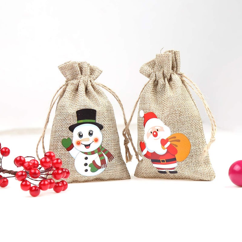 CCINEE 36pc Christmas Linen Bags with Drawstrings Christmas Burlap Goody Gift Bags with Double Jute Drawstrings, 4 designs Snowman, Santa Claus, Penguin and Reindeer - Image 5