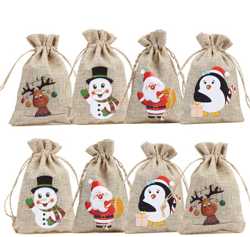 CCINEE 36pc Christmas Linen Bags with Drawstrings Christmas Burlap Goody Gift Bags with Double Jute Drawstrings, 4 designs Snowman, Santa Claus, Penguin and Reindeer - Image 1