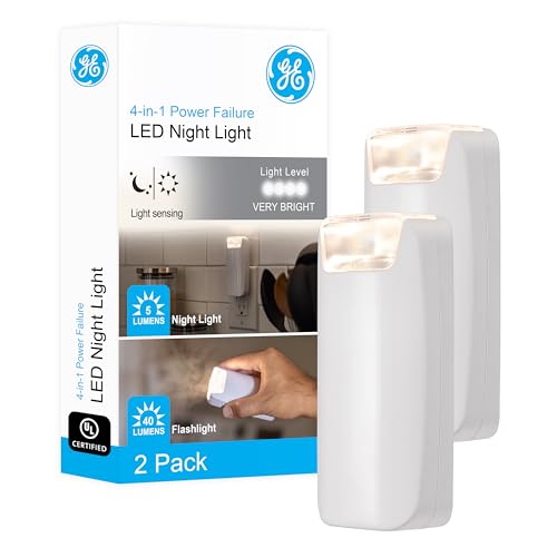 GE 4in1 Power Outage Plug In Night Light LED Flashlight for Dorm Room Apartment Essentials Battery Operated Lights Emergency Supplies Dusk to Dawn Sensor Nightlight 2 Pack White 49578