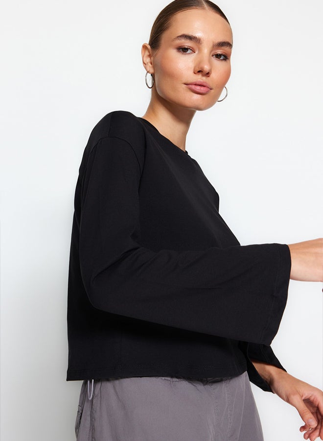 trendyol Black Premium Spanish Sleeve Crew Neck Regular/Normal Fit Knitted T-Shirt - Image 3