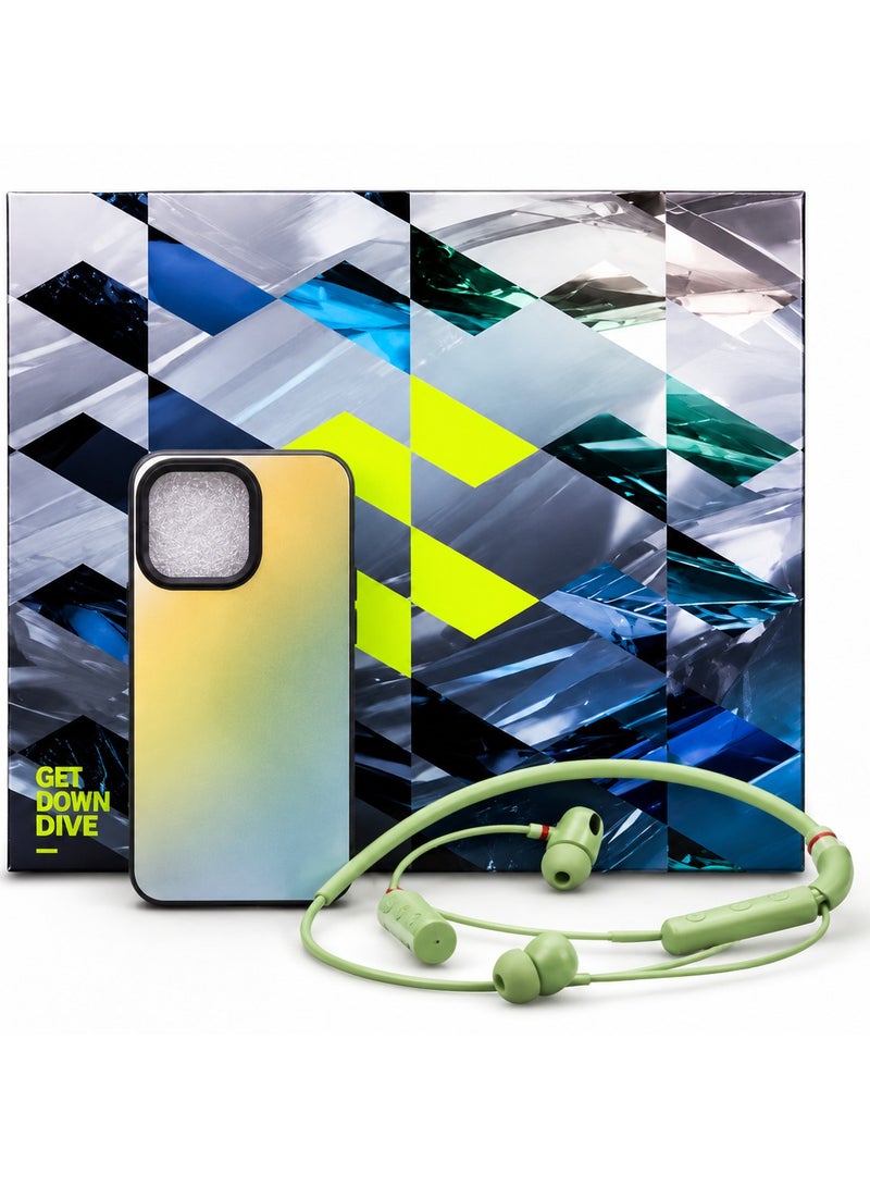 iPhone 15 Premium Shockproof Phone Case & Wireless Bluetooth Neckband Earphones Combo | Magnetic Protective Mobile Cover | HD Stereo Bluetooth Headset | Sports Earbuds | Hands-Free Calling | Rechargeable | Green - Image 1