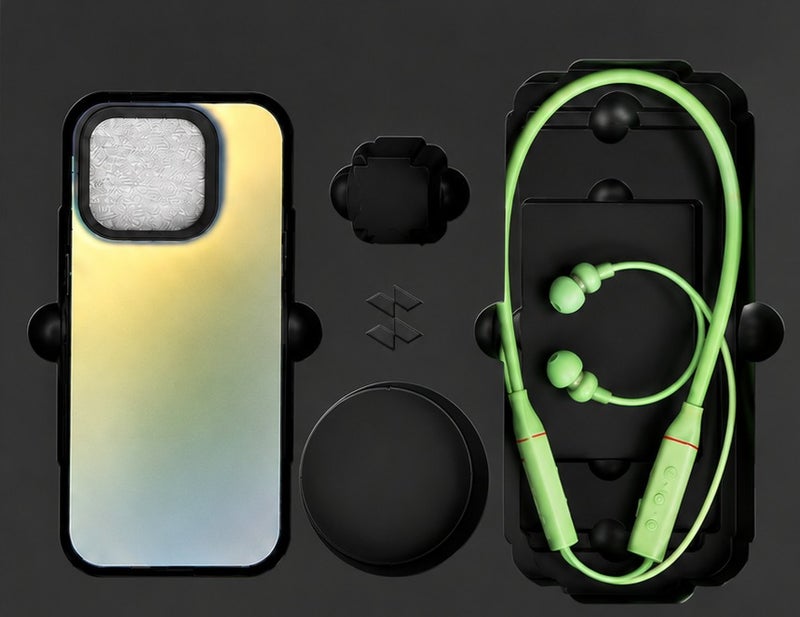 iPhone 15 Premium Shockproof Phone Case & Wireless Bluetooth Neckband Earphones Combo | Magnetic Protective Mobile Cover | HD Stereo Bluetooth Headset | Sports Earbuds | Hands-Free Calling | Rechargeable | Green - Image 2