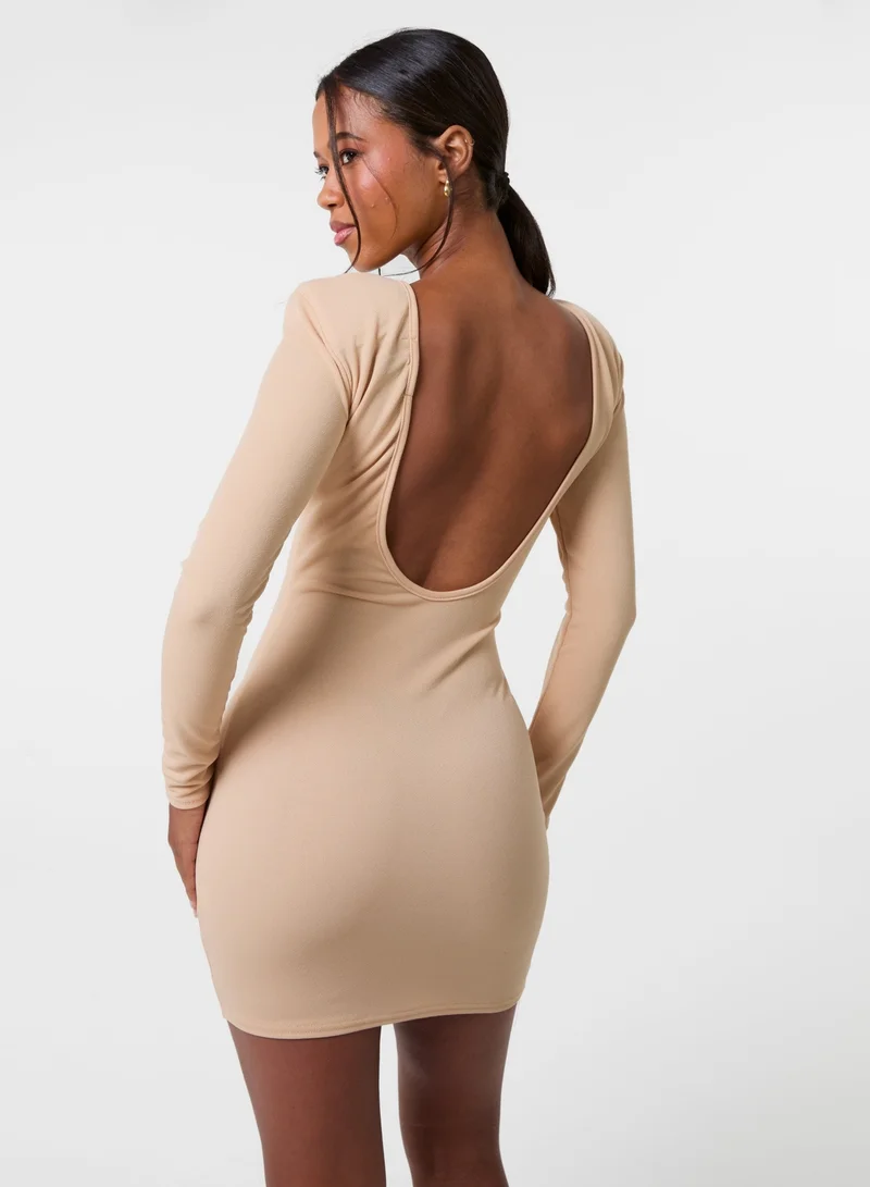 Pink Vanilla Scoop Neck Long Sleeve Shoulder Pad Dress