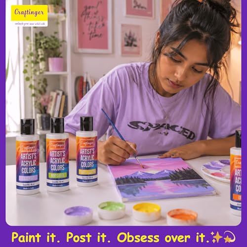 Craftinger 12-Sets Acrylic Colours with 30ml Varnish | Each 30ml Pastel & Essential Colors | Multi-Surface color for Canvas, Wood, Glass, Metal, Plastic & More | Set for Adults for Artists, students, Children & Hobbyists - Image 2