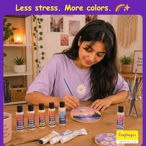 Craftinger 12-Sets Acrylic Colours with 30ml Varnish | Each 30ml Pastel & Essential Colors | Multi-Surface color for Canvas, Wood, Glass, Metal, Plastic & More | Set for Adults for Artists, students, Children & Hobbyists - Image 5