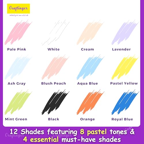 Craftinger 12-Sets Acrylic Colours with 30ml Varnish | Each 30ml Pastel & Essential Colors | Multi-Surface color for Canvas, Wood, Glass, Metal, Plastic & More | Set for Adults for Artists, students, Children & Hobbyists - Image 3