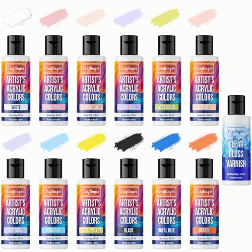 Craftinger 12-Sets Acrylic Colours with 30ml Varnish | Each 30ml Pastel & Essential Colors | Multi-Surface color for Canvas, Wood, Glass, Metal, Plastic & More | Set for Adults for Artists, students, Children & Hobbyists - Image 1