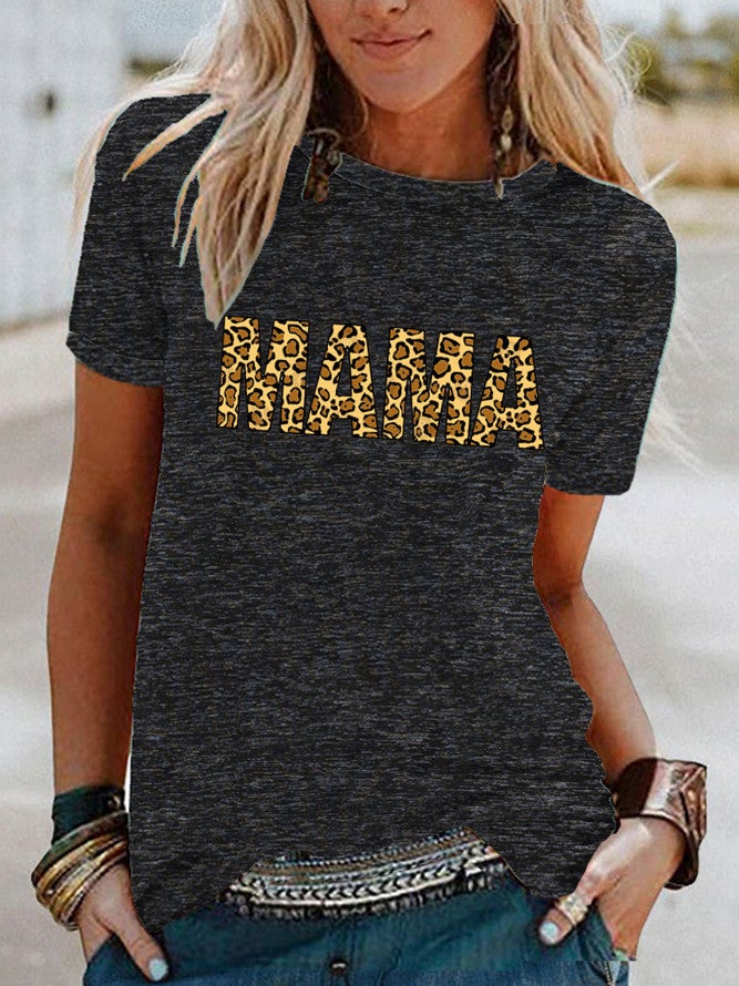 wish leopard print MAMA pattern print contrast color short sleeve t-shirt for women - Image 1