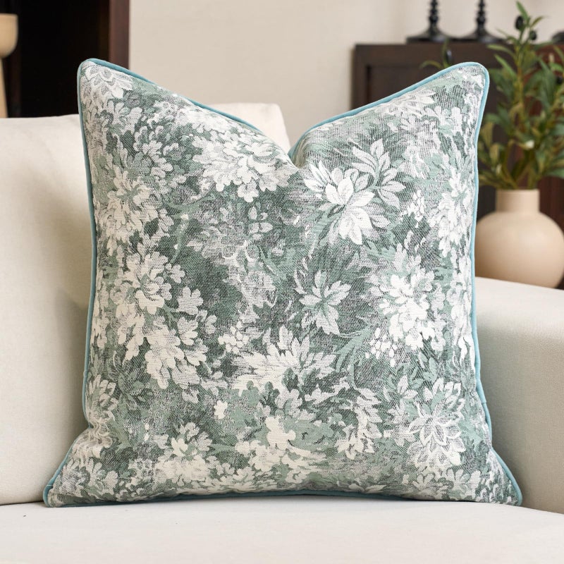 Alerfa Light Blue Neutral Floral Pillow Cover 18 x 18 Inch, Vintage Chenille Square Couch Pillow Cover Soft Decorative Farmhouse Accent Pillowcase for Living Room Bedroom - Image 1